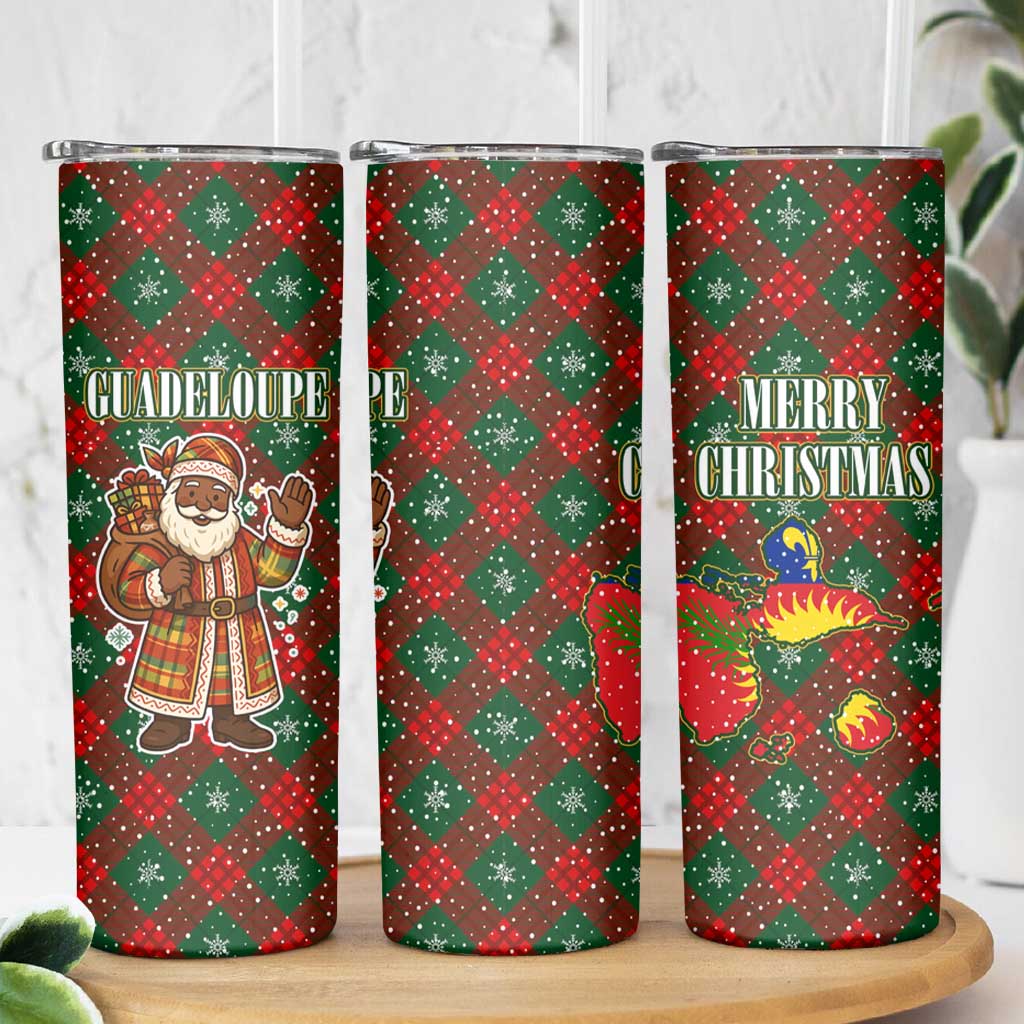 Guadeloupe Christmas Skinny Tumbler with Green-Red Plaid Design, Island Map, and Traditional Santa Motif - Wonder Print Shop