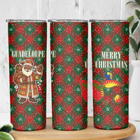 Guadeloupe Christmas Skinny Tumbler with Green-Red Plaid Design, Island Map, and Traditional Santa Motif - Wonder Print Shop