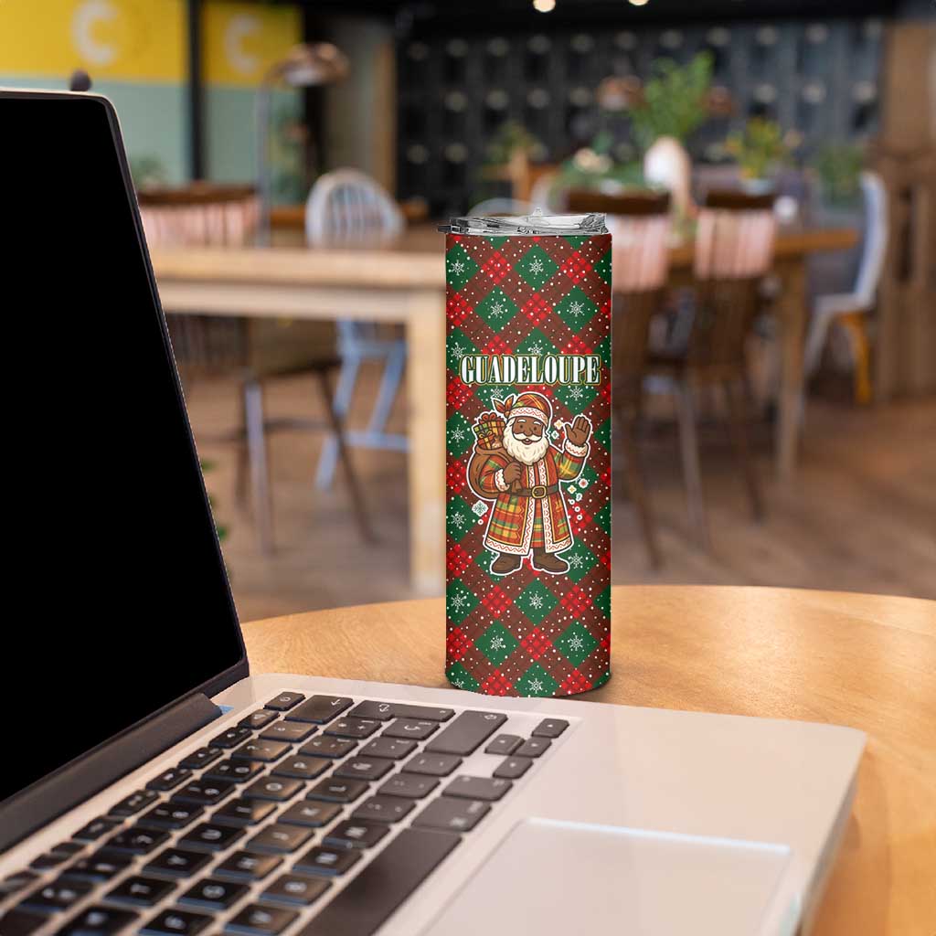 Guadeloupe Christmas Skinny Tumbler with Green-Red Plaid Design, Island Map, and Traditional Santa Motif - Wonder Print Shop
