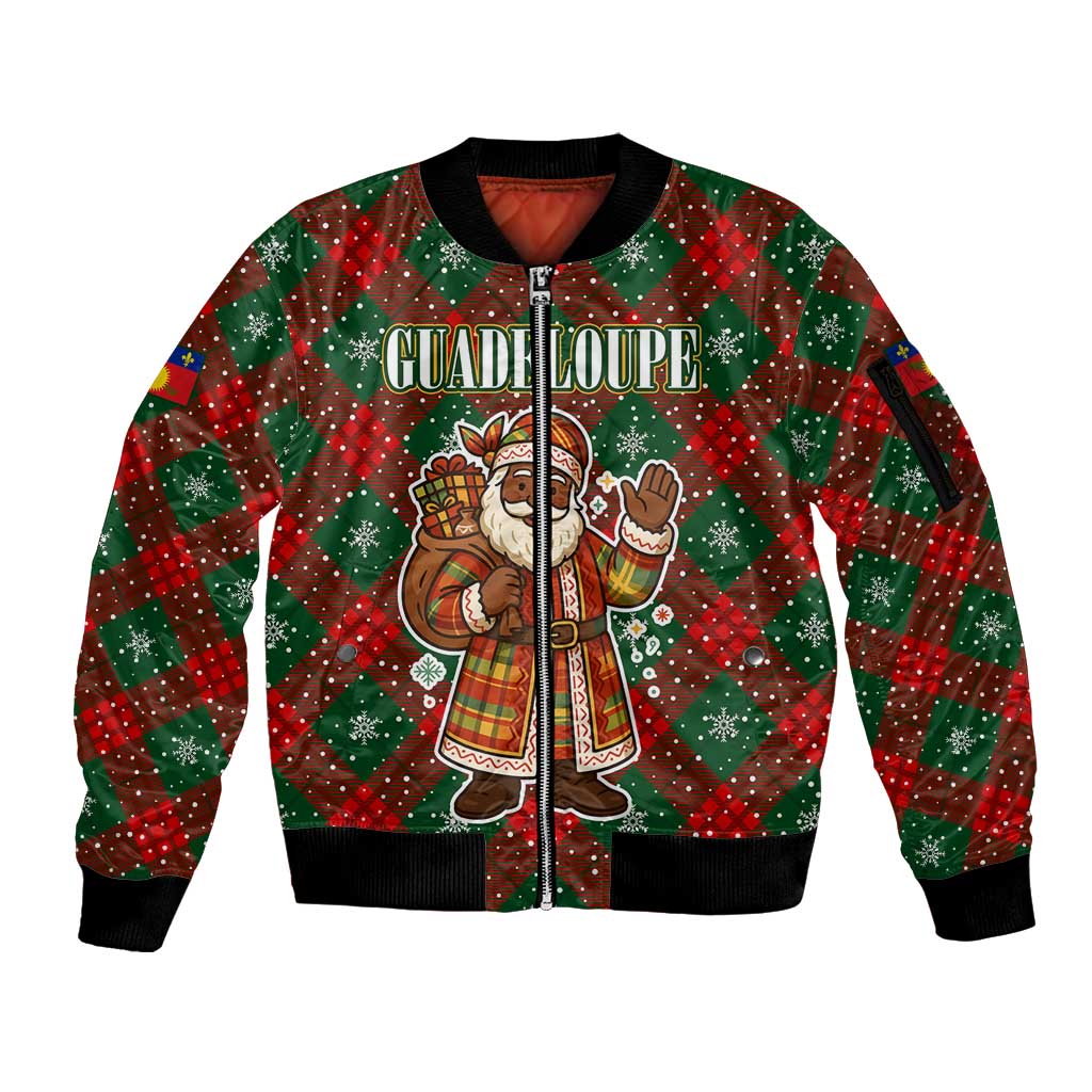 Guadeloupe Christmas Sleeve Zip Bomber Jacket with Green-Red Plaid Design, Island Map, and Traditional Santa Motif - Wonder Print Shop