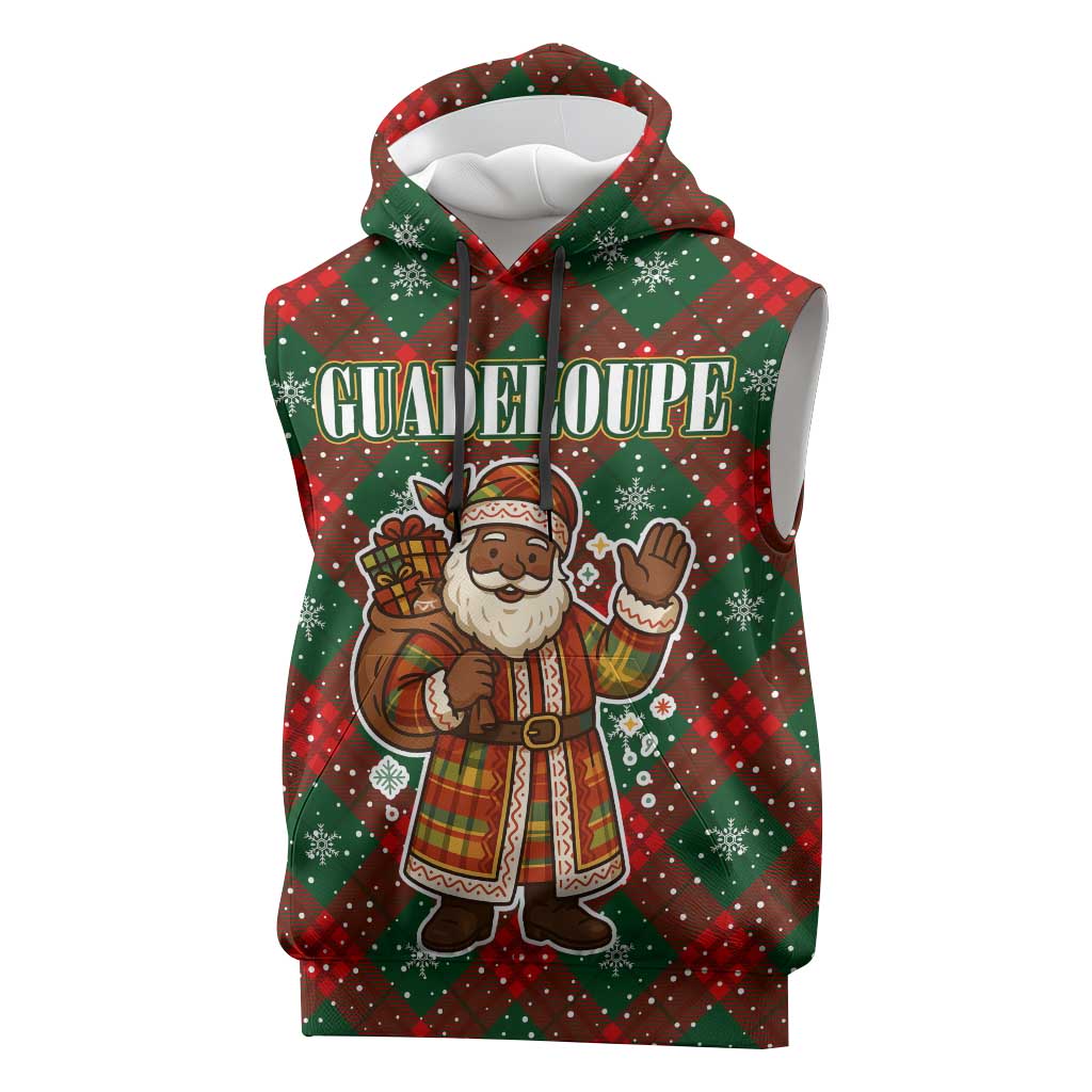 Guadeloupe Christmas Sleeveless Hoodie with Green-Red Plaid Design, Island Map, and Traditional Santa Motif - Wonder Print Shop