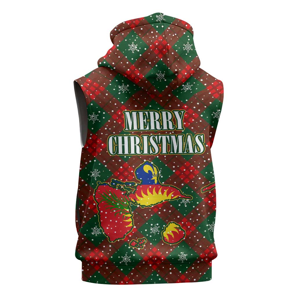 Guadeloupe Christmas Sleeveless Hoodie with Green-Red Plaid Design, Island Map, and Traditional Santa Motif - Wonder Print Shop