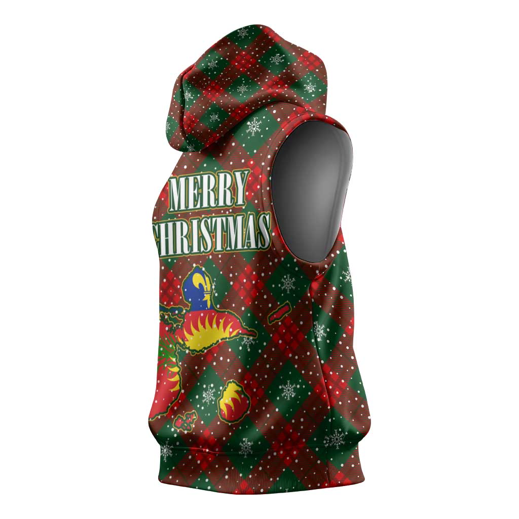 Guadeloupe Christmas Sleeveless Hoodie with Green-Red Plaid Design, Island Map, and Traditional Santa Motif - Wonder Print Shop