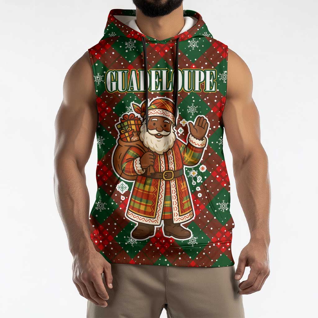 Guadeloupe Christmas Sleeveless Hoodie with Green-Red Plaid Design, Island Map, and Traditional Santa Motif - Wonder Print Shop