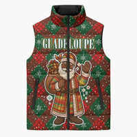 Guadeloupe Christmas Sleeveless Puffer Jacket with Green-Red Plaid Design, Island Map, and Traditional Santa Motif - Wonder Print Shop