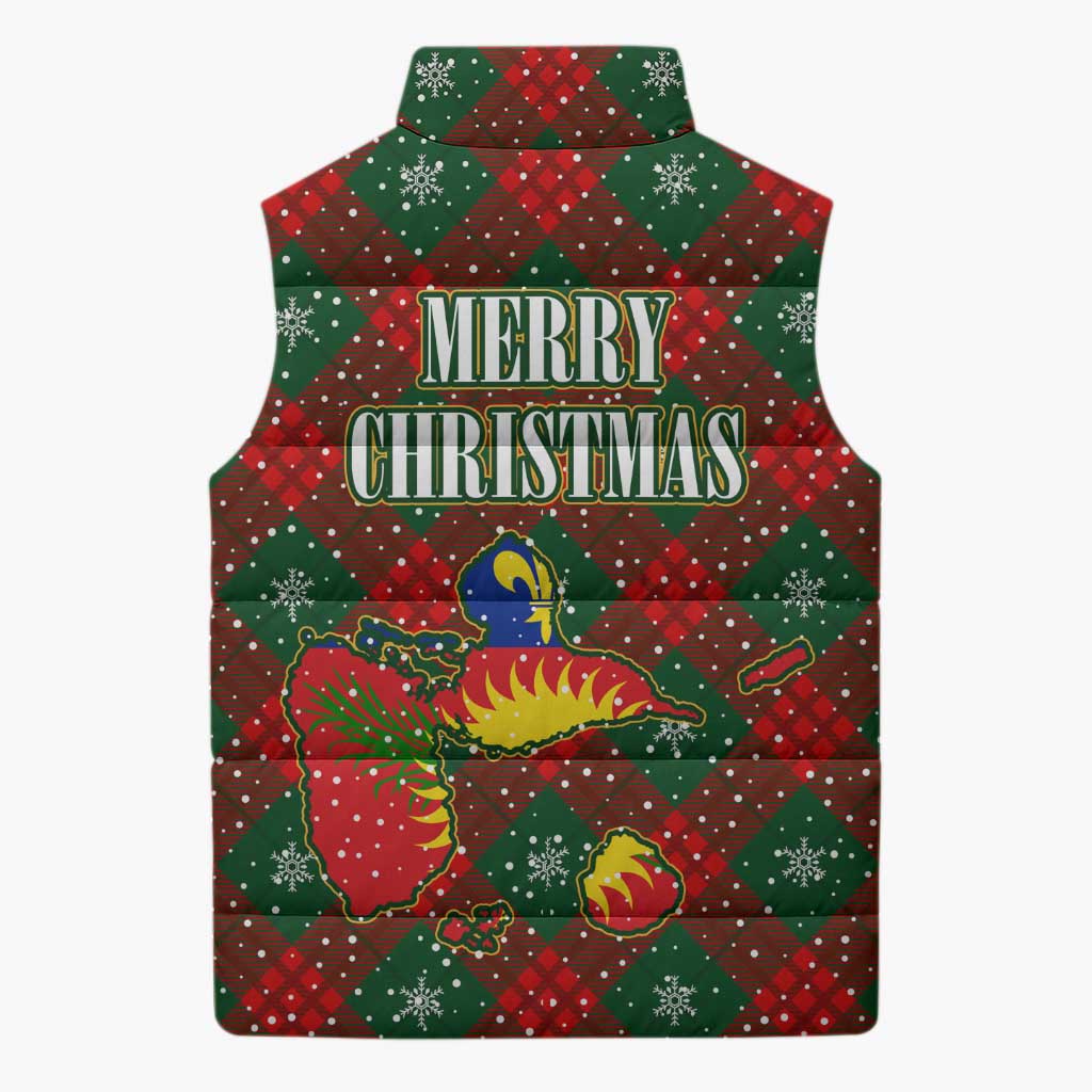 Guadeloupe Christmas Sleeveless Puffer Jacket with Green-Red Plaid Design, Island Map, and Traditional Santa Motif - Wonder Print Shop