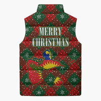 Guadeloupe Christmas Sleeveless Puffer Jacket with Green-Red Plaid Design, Island Map, and Traditional Santa Motif - Wonder Print Shop