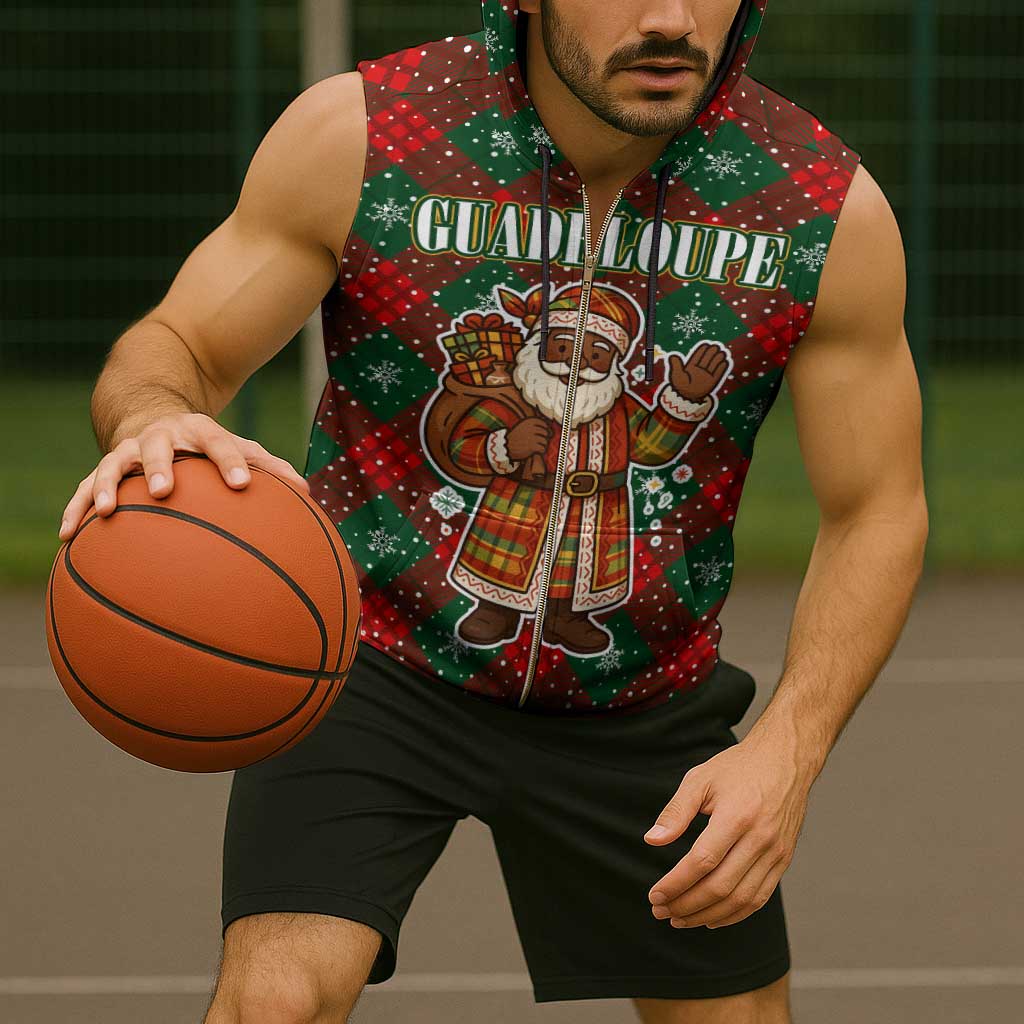 Guadeloupe Christmas Sleeveless Zip Hoodie with Green-Red Plaid Design, Island Map, and Traditional Santa Motif - Wonder Print Shop