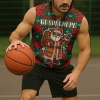 Guadeloupe Christmas Sleeveless Zip Hoodie with Green-Red Plaid Design, Island Map, and Traditional Santa Motif - Wonder Print Shop