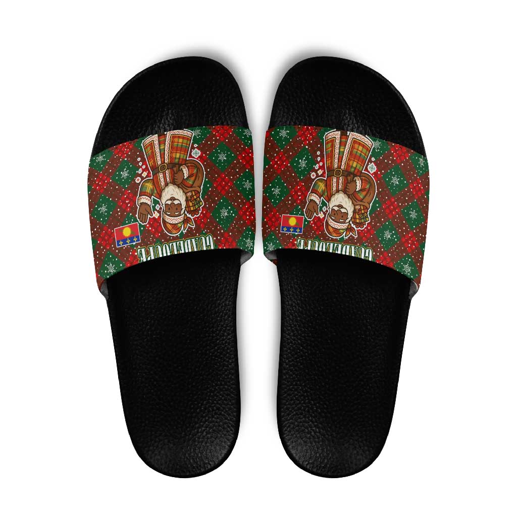 Guadeloupe Christmas Slide Sandals with Green-Red Plaid Design, Island Map, and Traditional Santa Motif - Wonder Print Shop