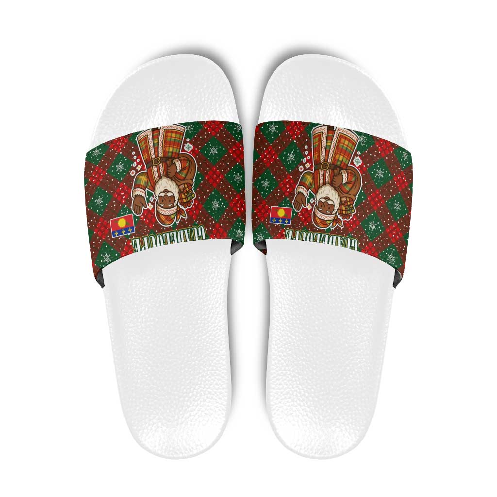 Guadeloupe Christmas Slide Sandals with Green-Red Plaid Design, Island Map, and Traditional Santa Motif - Wonder Print Shop