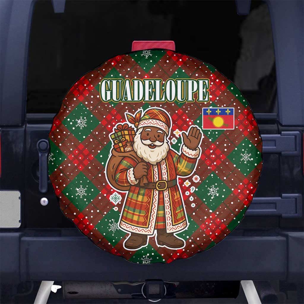 Guadeloupe Christmas Spare Tire Cover with Green-Red Plaid Design, Island Map, and Traditional Santa Motif - Wonder Print Shop