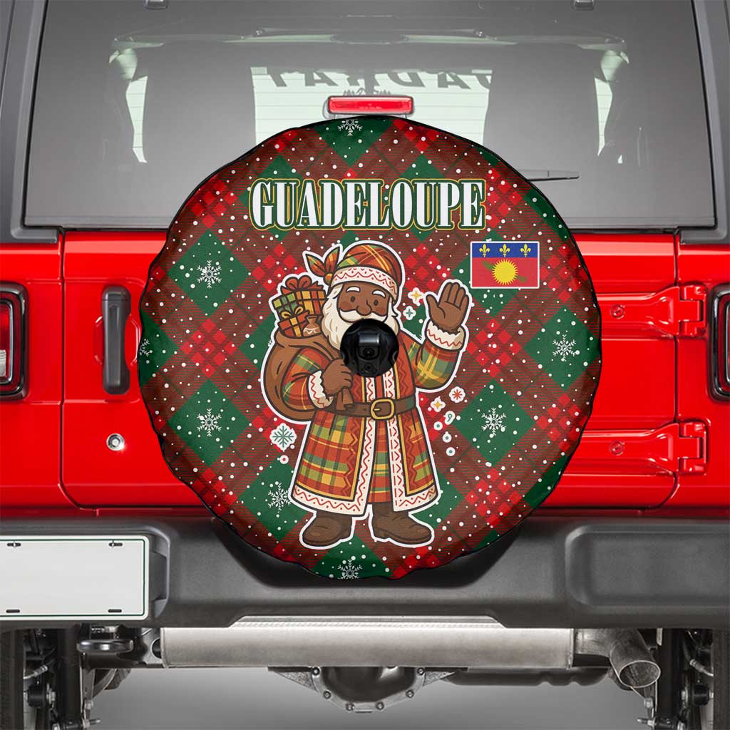 Guadeloupe Christmas Spare Tire Cover with Green-Red Plaid Design, Island Map, and Traditional Santa Motif - Wonder Print Shop
