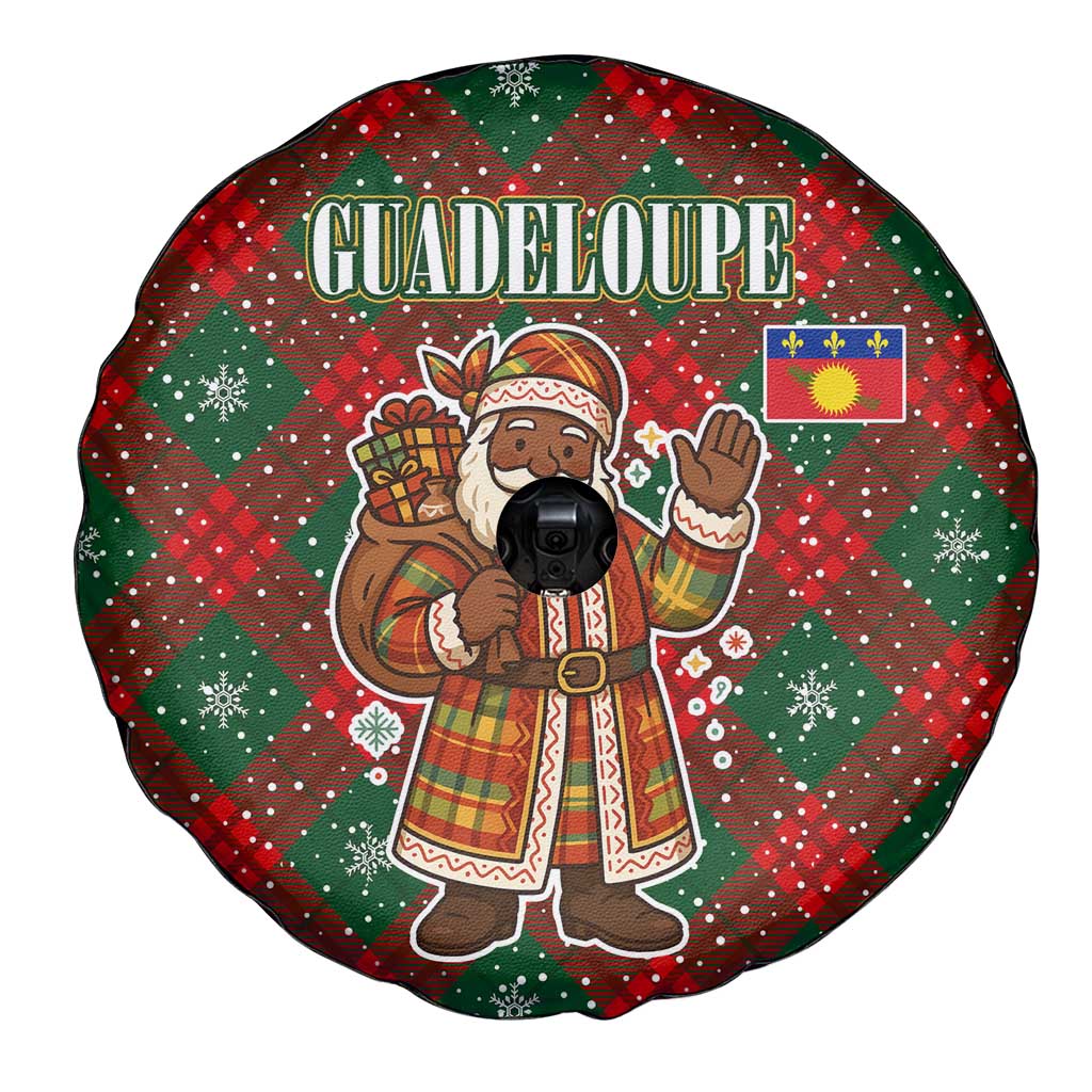 Guadeloupe Christmas Spare Tire Cover with Green-Red Plaid Design, Island Map, and Traditional Santa Motif - Wonder Print Shop