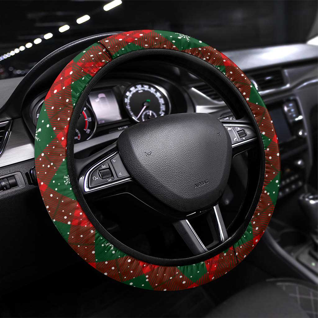 Guadeloupe Christmas Steering Wheel Cover with Green-Red Plaid Design, Island Map, and Traditional Santa Motif - Wonder Print Shop
