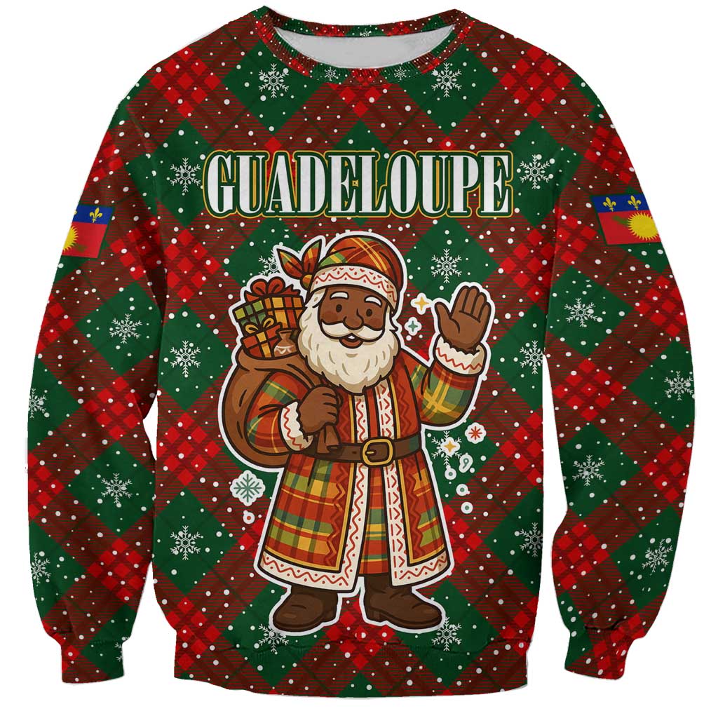 Guadeloupe Christmas Sweatshirt with Green-Red Plaid Design, Island Map, and Traditional Santa Motif - Wonder Print Shop