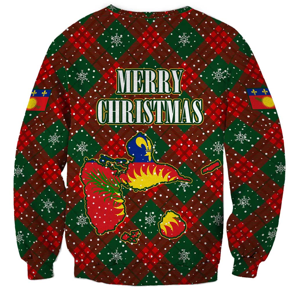 Guadeloupe Christmas Sweatshirt with Green-Red Plaid Design, Island Map, and Traditional Santa Motif - Wonder Print Shop