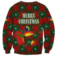 Guadeloupe Christmas Sweatshirt with Green-Red Plaid Design, Island Map, and Traditional Santa Motif - Wonder Print Shop