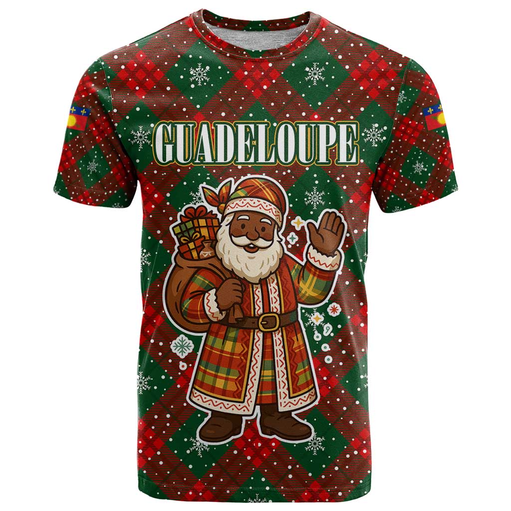 Guadeloupe Christmas T Shirt with Green-Red Plaid Design, Island Map, and Traditional Santa Motif - Wonder Print Shop