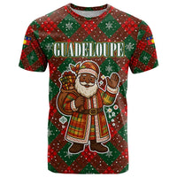 Guadeloupe Christmas T Shirt with Green-Red Plaid Design, Island Map, and Traditional Santa Motif - Wonder Print Shop
