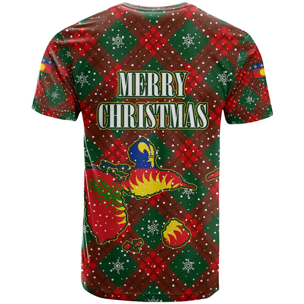 Guadeloupe Christmas T Shirt with Green-Red Plaid Design, Island Map, and Traditional Santa Motif - Wonder Print Shop