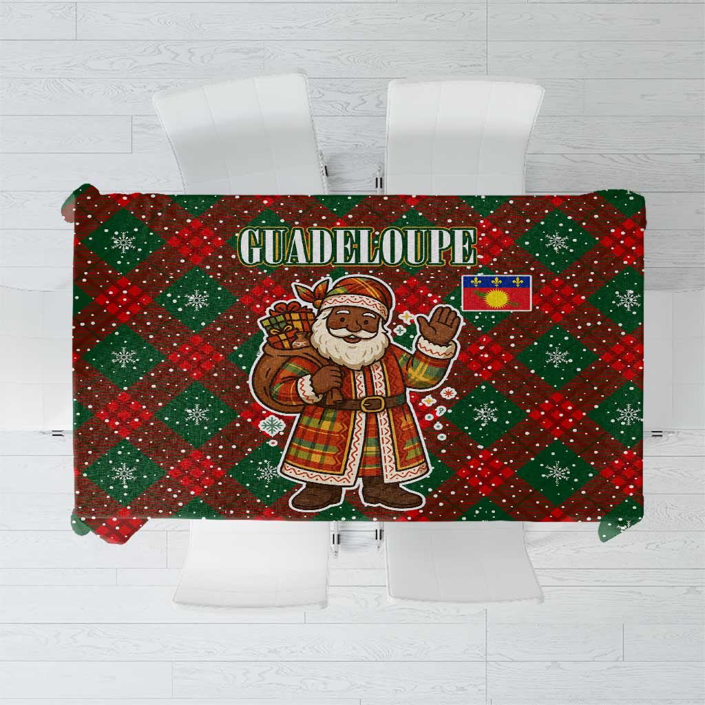 Guadeloupe Christmas Tablecloth with Green-Red Plaid Design, Island Map, and Traditional Santa Motif - Wonder Print Shop