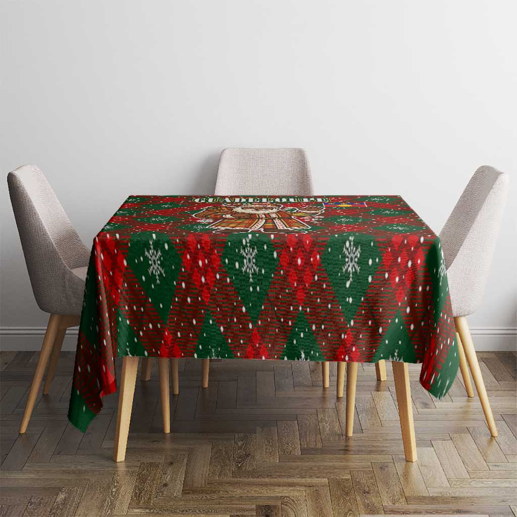 Guadeloupe Christmas Tablecloth with Green-Red Plaid Design, Island Map, and Traditional Santa Motif - Wonder Print Shop