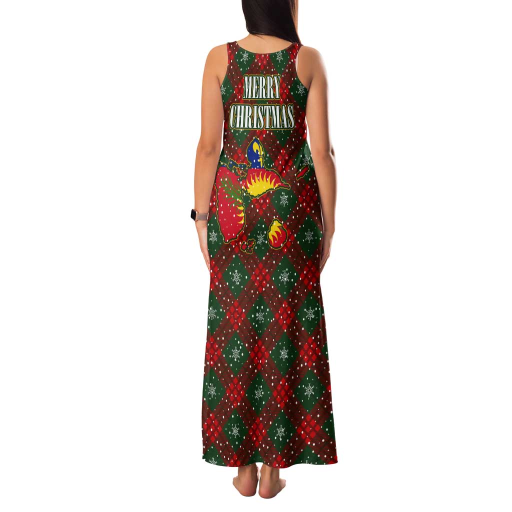Guadeloupe Christmas Tank Maxi Dress with Green-Red Plaid Design, Island Map, and Traditional Santa Motif - Wonder Print Shop