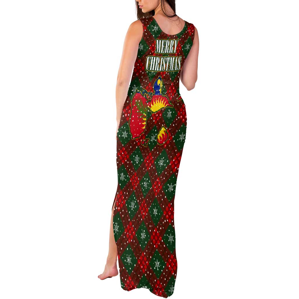 Guadeloupe Christmas Tank Maxi Dress with Green-Red Plaid Design, Island Map, and Traditional Santa Motif - Wonder Print Shop