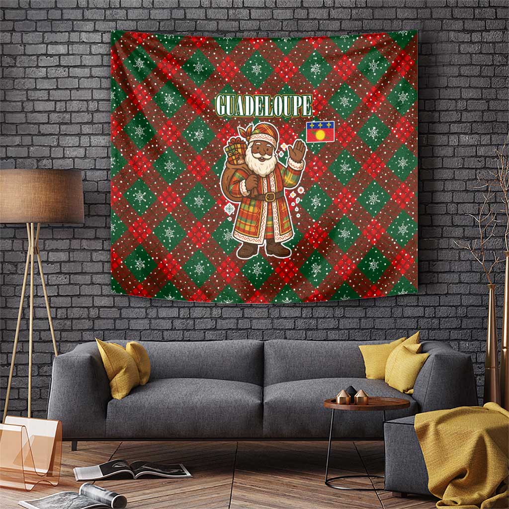 Guadeloupe Christmas Tapestry with Green-Red Plaid Design, Island Map, and Traditional Santa Motif - Wonder Print Shop