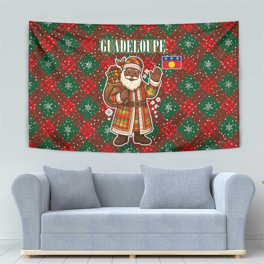 Guadeloupe Christmas Tapestry with Green-Red Plaid Design, Island Map, and Traditional Santa Motif - Wonder Print Shop