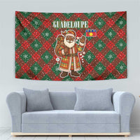Guadeloupe Christmas Tapestry with Green-Red Plaid Design, Island Map, and Traditional Santa Motif - Wonder Print Shop