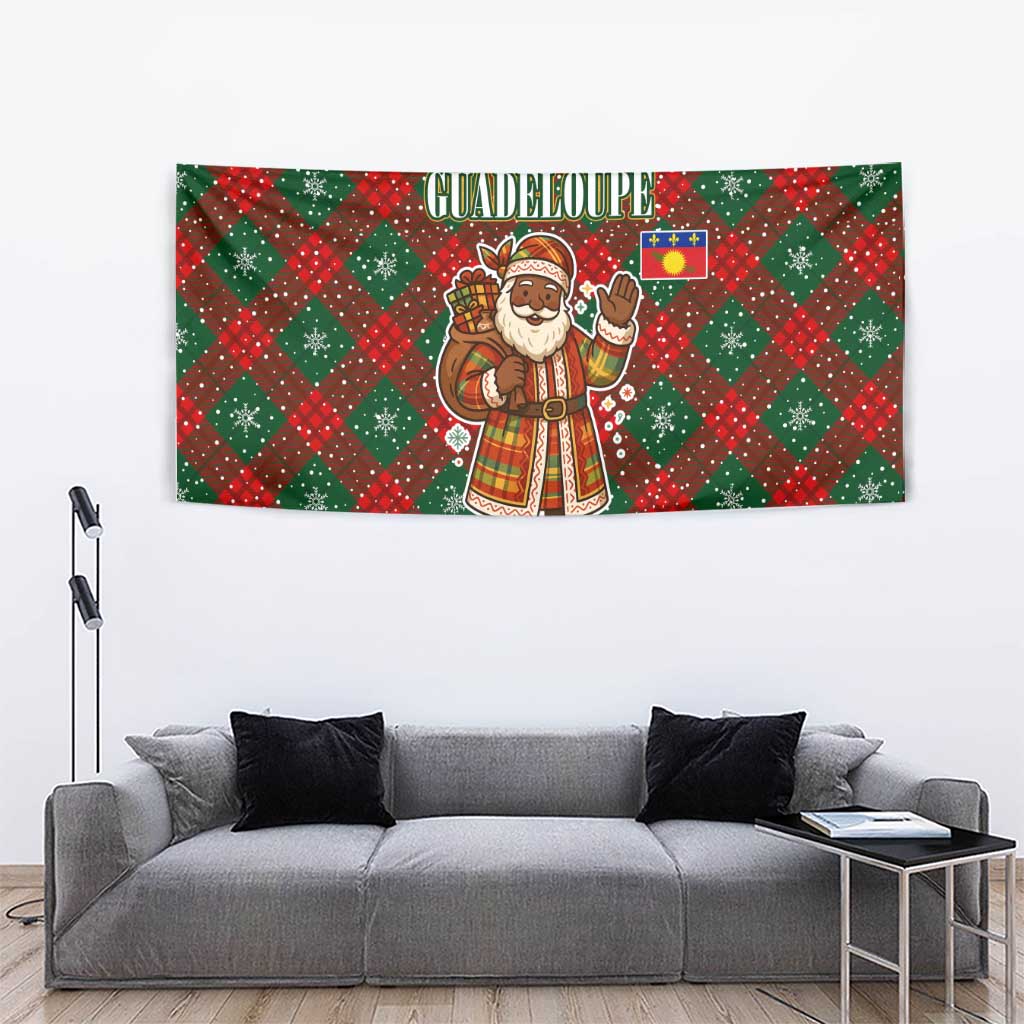Guadeloupe Christmas Tapestry with Green-Red Plaid Design, Island Map, and Traditional Santa Motif - Wonder Print Shop