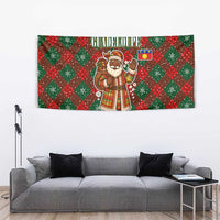 Guadeloupe Christmas Tapestry with Green-Red Plaid Design, Island Map, and Traditional Santa Motif - Wonder Print Shop