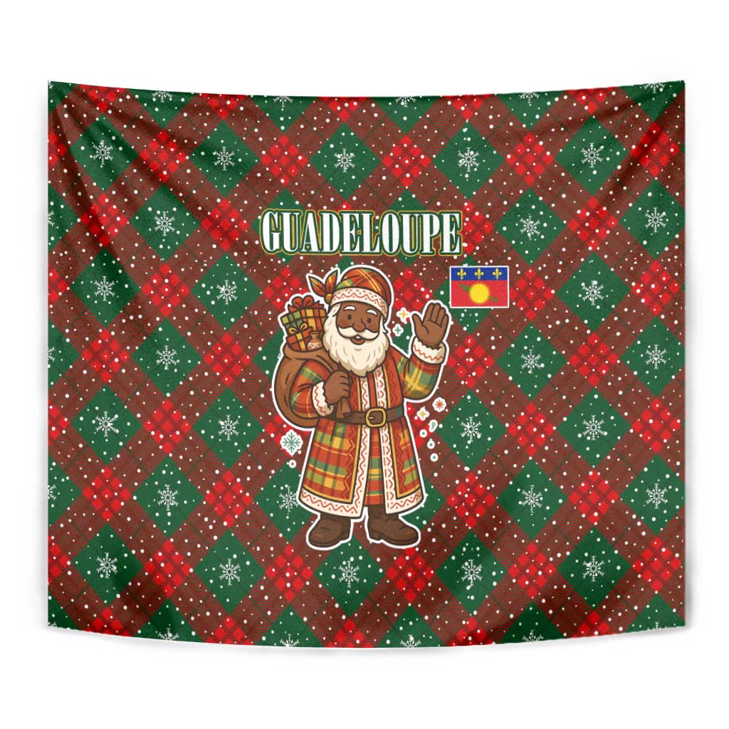 Guadeloupe Christmas Tapestry with Green-Red Plaid Design, Island Map, and Traditional Santa Motif - Wonder Print Shop