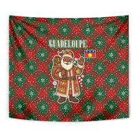 Guadeloupe Christmas Tapestry with Green-Red Plaid Design, Island Map, and Traditional Santa Motif - Wonder Print Shop