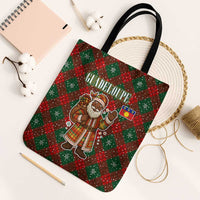 Guadeloupe Christmas Tote Bag with Green-Red Plaid Design, Island Map, and Traditional Santa Motif - Wonder Print Shop