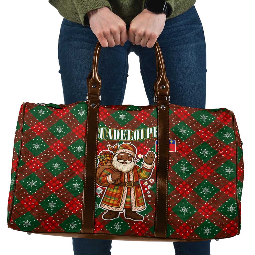 Guadeloupe Christmas Travel Bag with Green-Red Plaid Design, Island Map, and Traditional Santa Motif - Wonder Print Shop