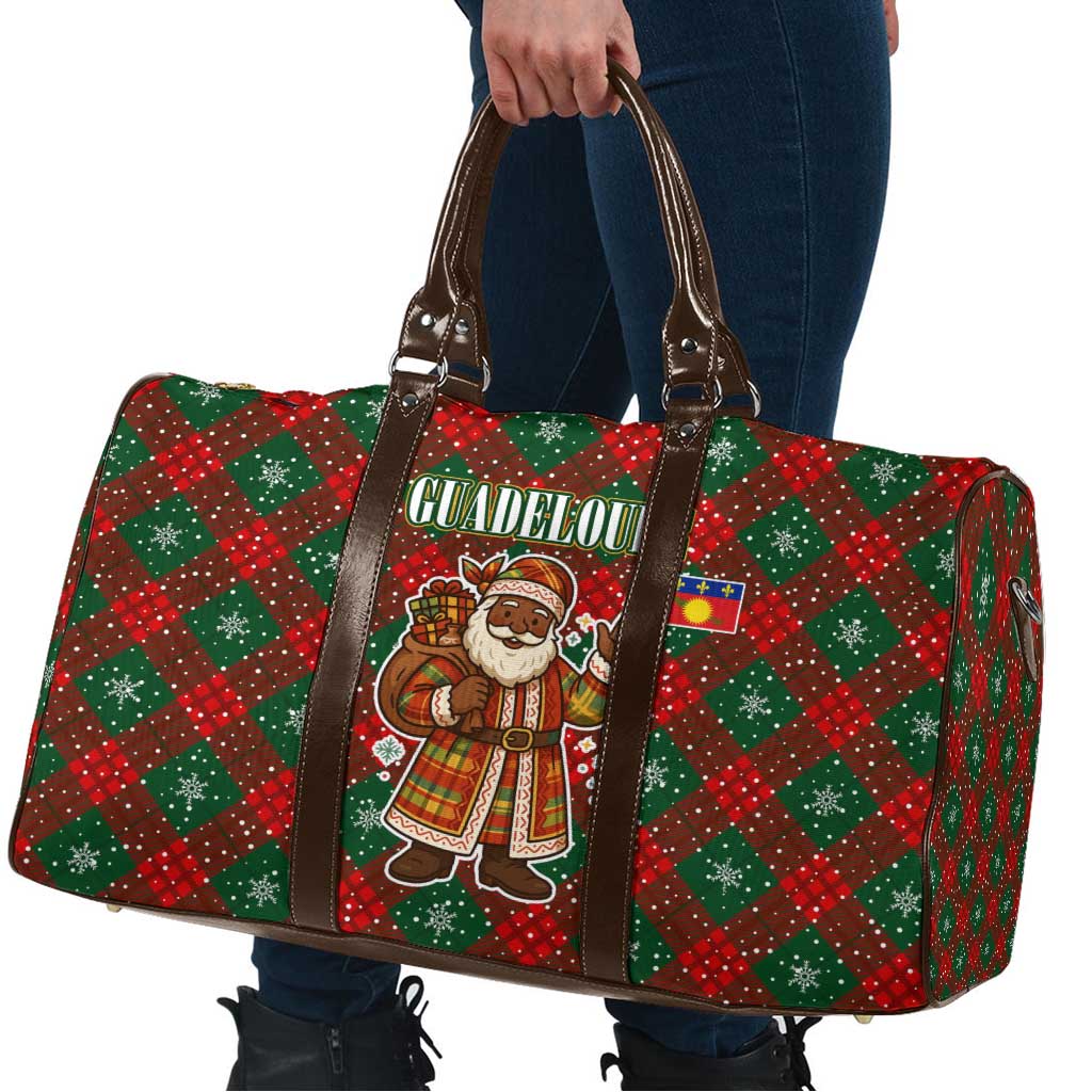Guadeloupe Christmas Travel Bag with Green-Red Plaid Design, Island Map, and Traditional Santa Motif - Wonder Print Shop