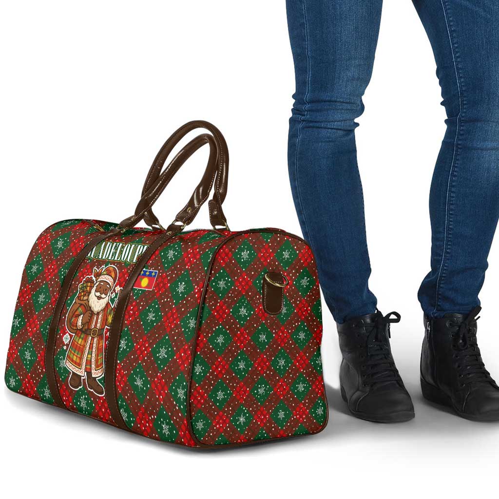 Guadeloupe Christmas Travel Bag with Green-Red Plaid Design, Island Map, and Traditional Santa Motif - Wonder Print Shop