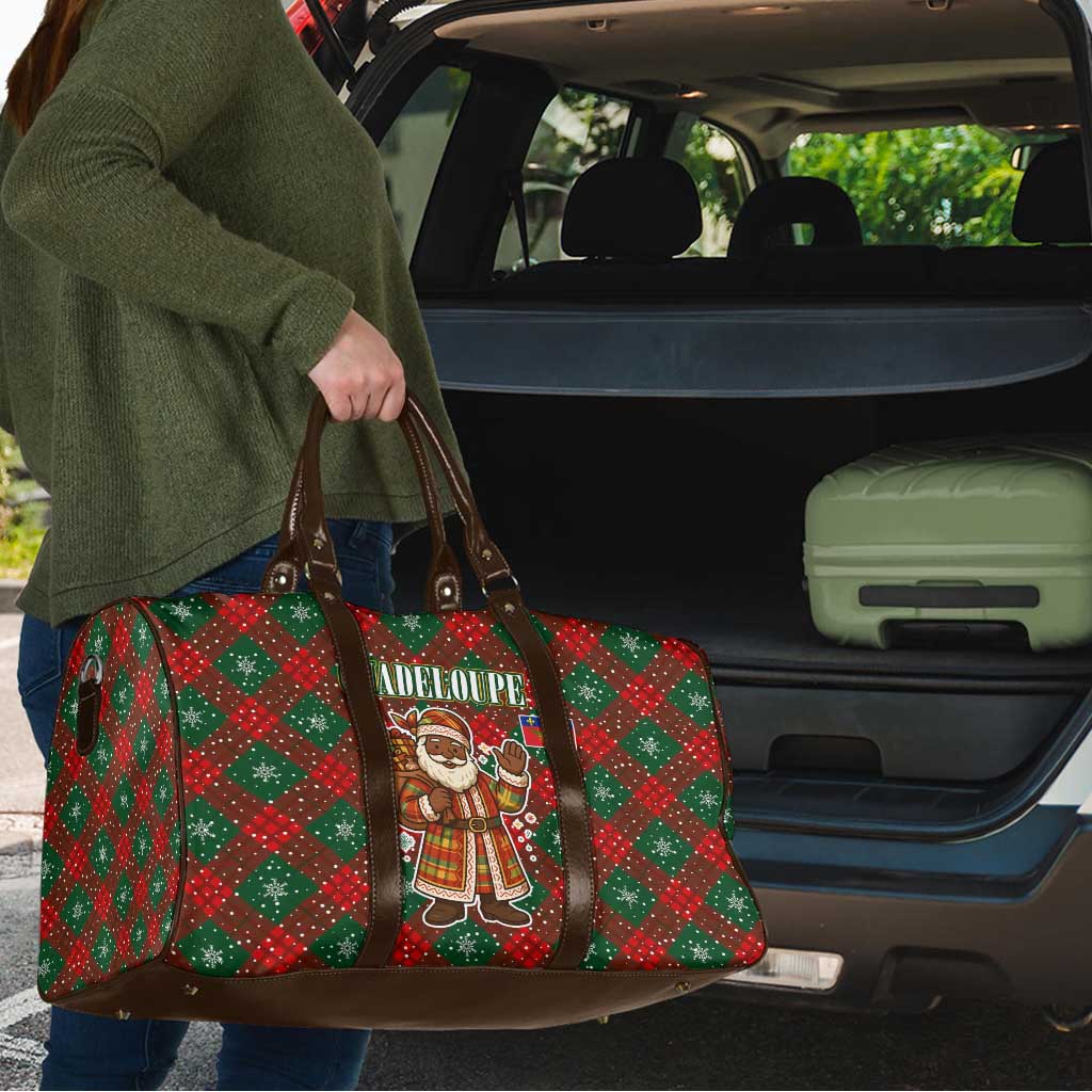 Guadeloupe Christmas Travel Bag with Green-Red Plaid Design, Island Map, and Traditional Santa Motif - Wonder Print Shop