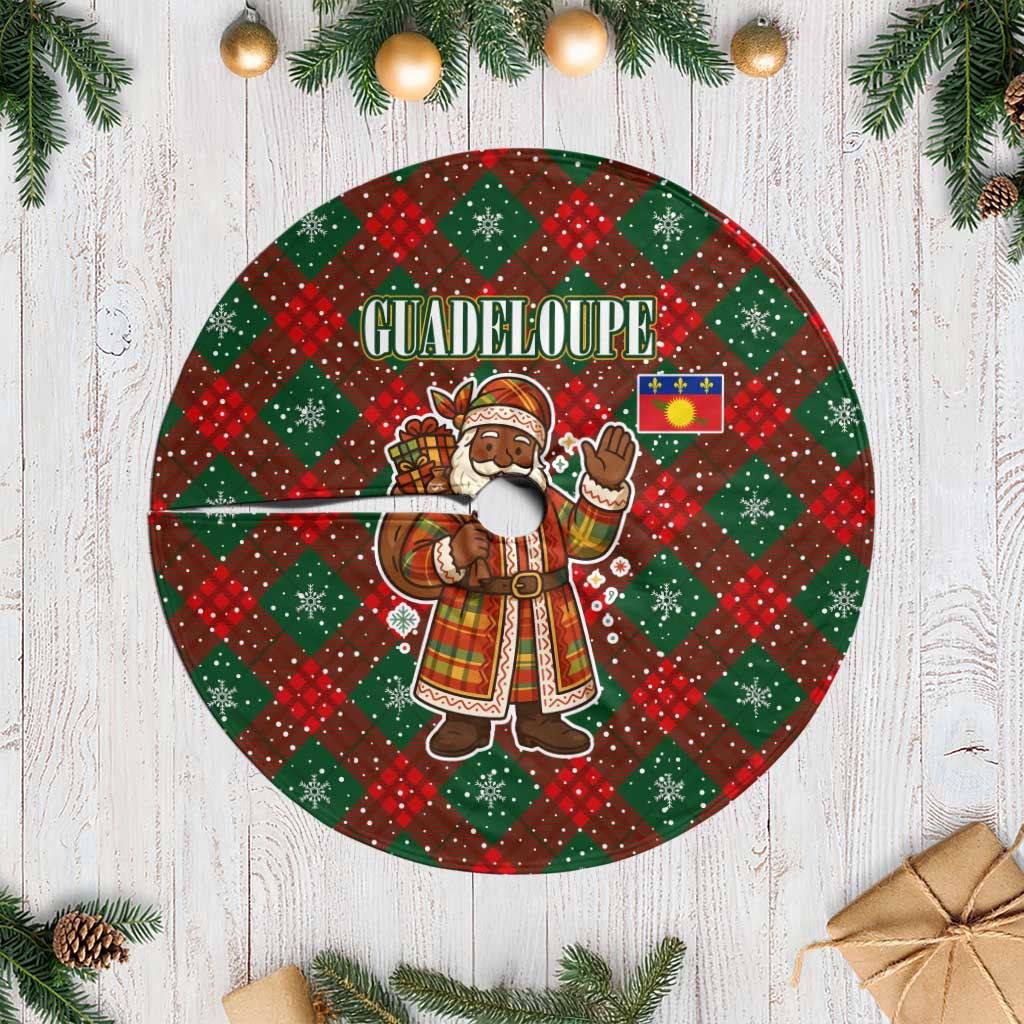 Guadeloupe Christmas Tree Skirt with Green-Red Plaid Design, Island Map, and Traditional Santa Motif - Wonder Print Shop