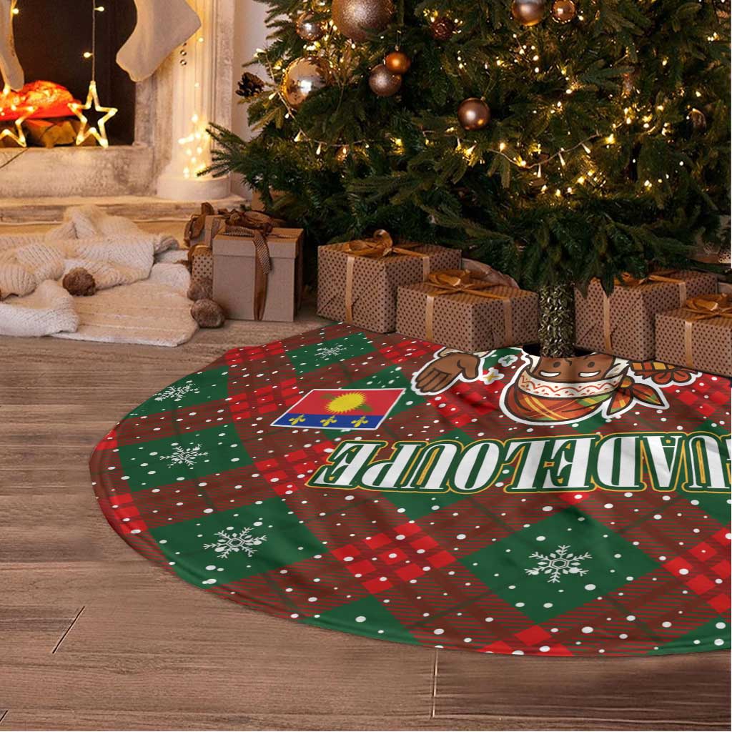 Guadeloupe Christmas Tree Skirt with Green-Red Plaid Design, Island Map, and Traditional Santa Motif - Wonder Print Shop