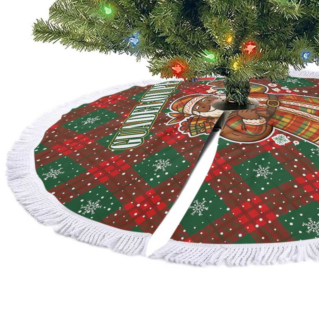 Guadeloupe Christmas Tree Skirt with Green-Red Plaid Design, Island Map, and Traditional Santa Motif - Wonder Print Shop