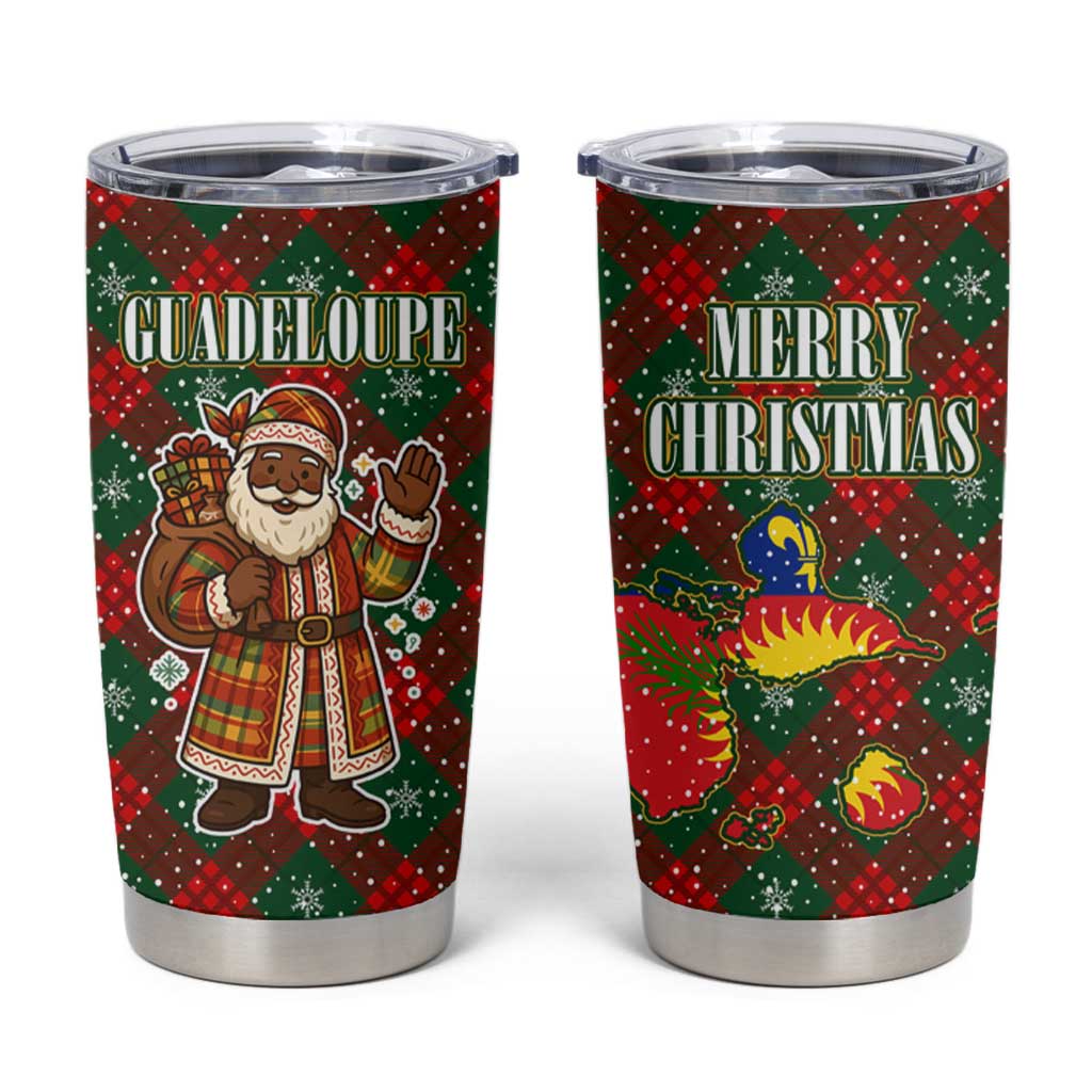 Guadeloupe Christmas Tumbler Cup with Green-Red Plaid Design, Island Map, and Traditional Santa Motif - Wonder Print Shop