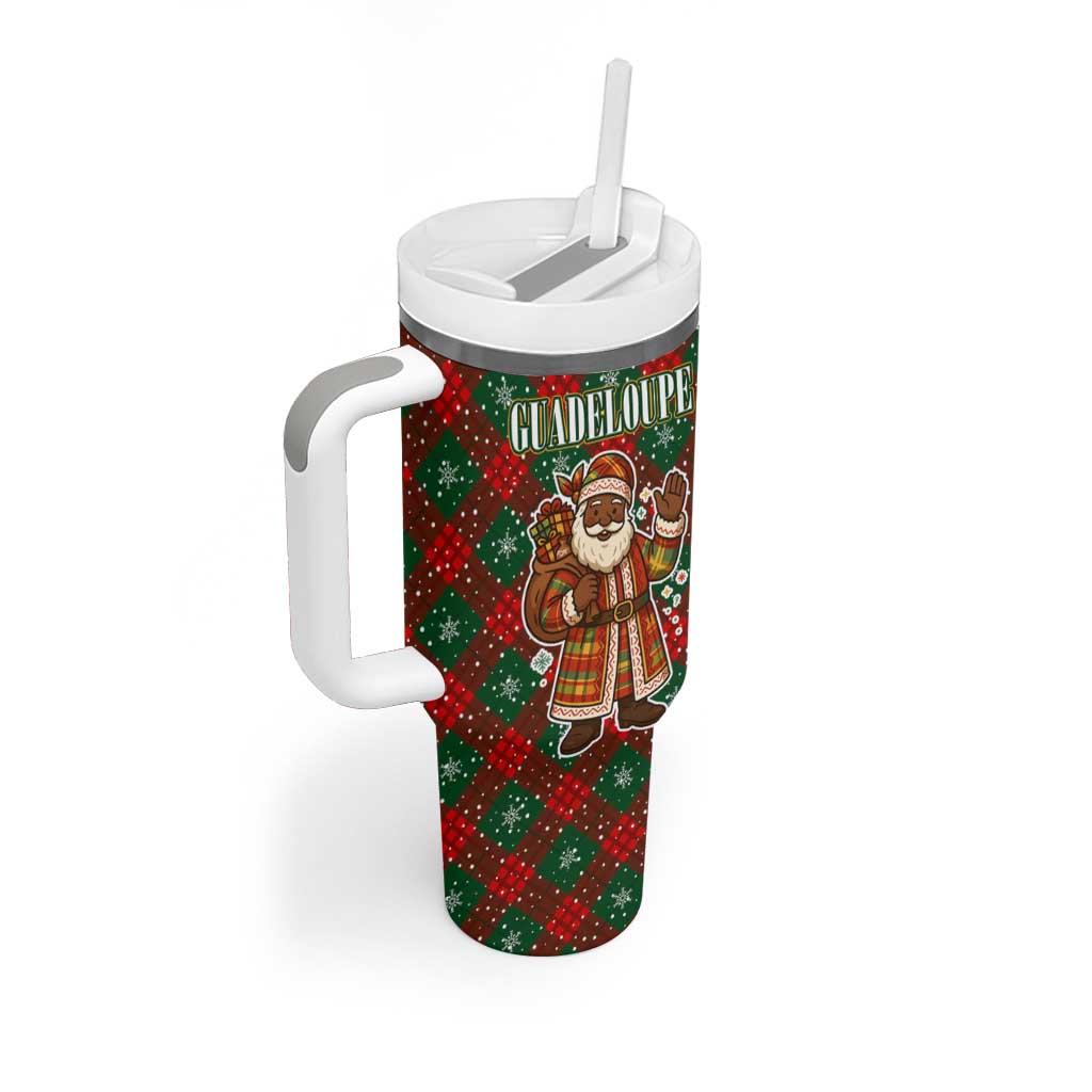 Guadeloupe Christmas Tumbler With Handle with Green-Red Plaid Design, Island Map, and Traditional Santa Motif - Wonder Print Shop