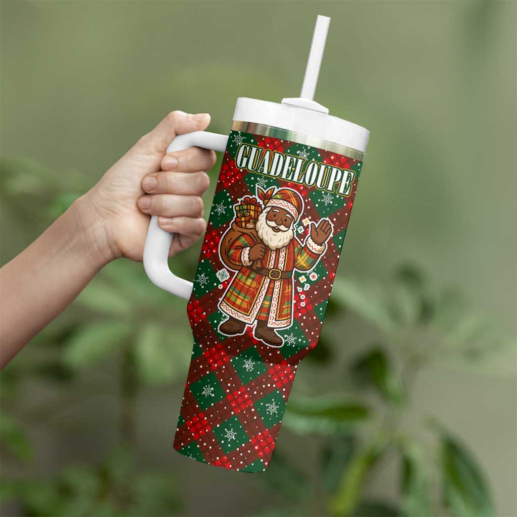 Guadeloupe Christmas Tumbler With Handle with Green-Red Plaid Design, Island Map, and Traditional Santa Motif - Wonder Print Shop
