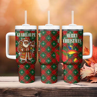 Guadeloupe Christmas Tumbler With Handle with Green-Red Plaid Design, Island Map, and Traditional Santa Motif - Wonder Print Shop