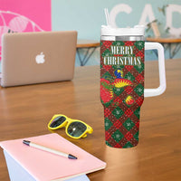 Guadeloupe Christmas Tumbler With Handle with Green-Red Plaid Design, Island Map, and Traditional Santa Motif - Wonder Print Shop