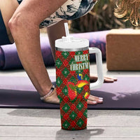 Guadeloupe Christmas Tumbler With Handle with Green-Red Plaid Design, Island Map, and Traditional Santa Motif - Wonder Print Shop